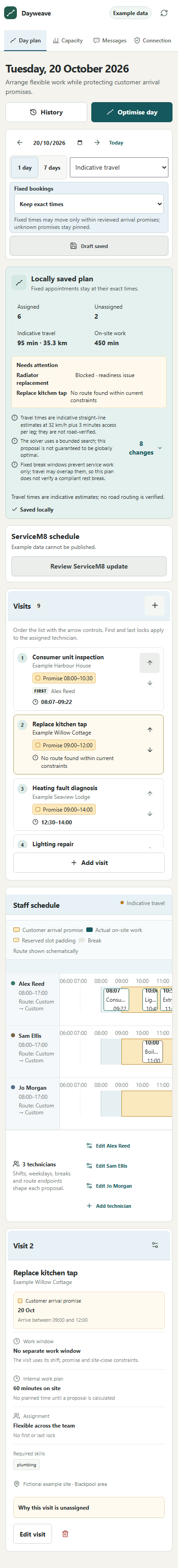 Dayweave mobile-width route planner using fictional example data.