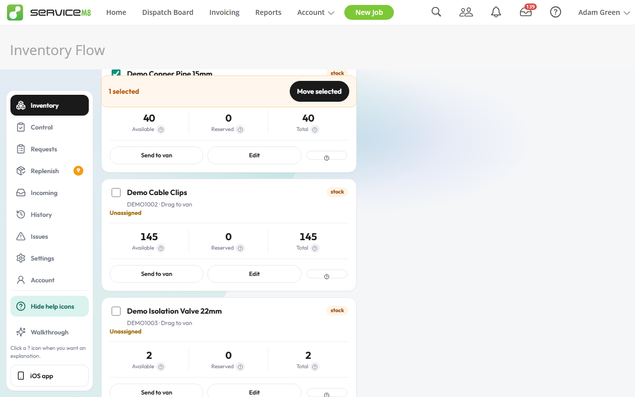 Store inventory with demo stock — quantities, bins and Send to van