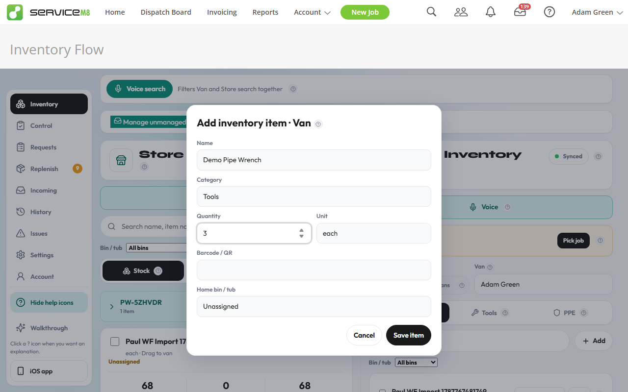 Add inventory item — creates the product in ServiceM8 too