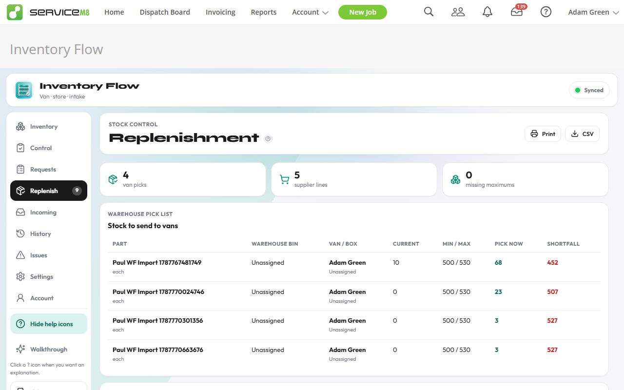 Replenishment — warehouse pick list and supplier order quantities