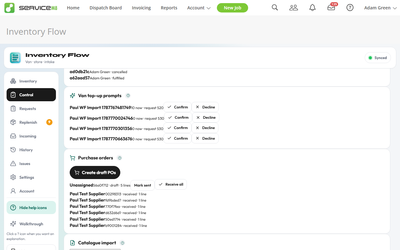 Purchase orders — one draft PO per supplier, Mark sent / Receive all