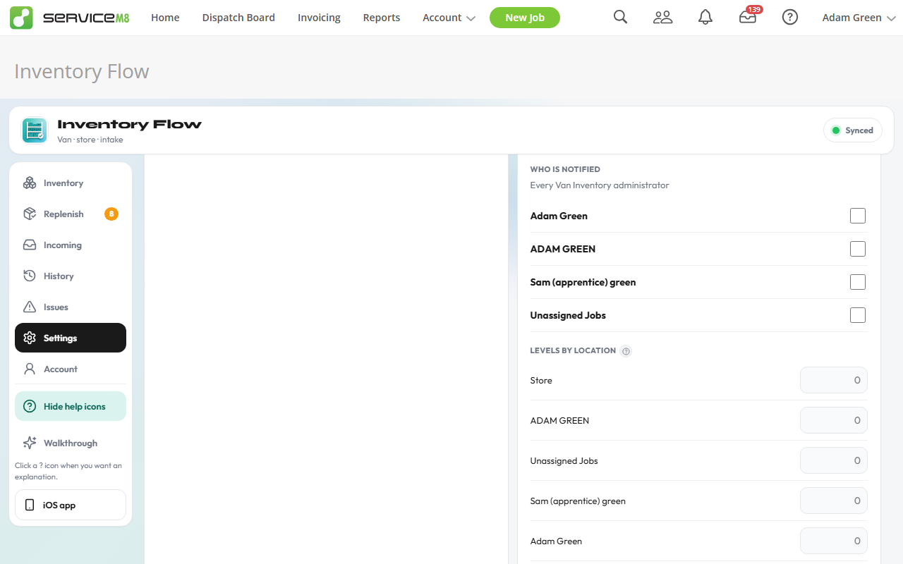 Low stock notifications — levels, recipients and repeat window